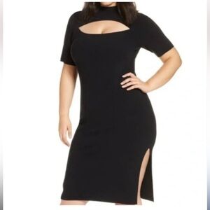 Leith Black Mock-Neck Cutout Stretch Midi Short Sleeve Dress - XL